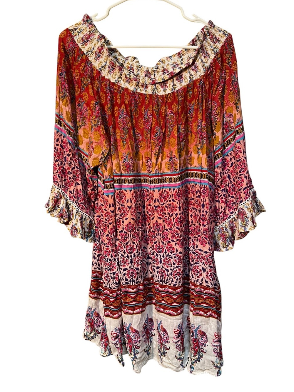 Cassee's Women's Sz XL Off Shoulder Dress Orange Pink Teal Floral Geometric Boho